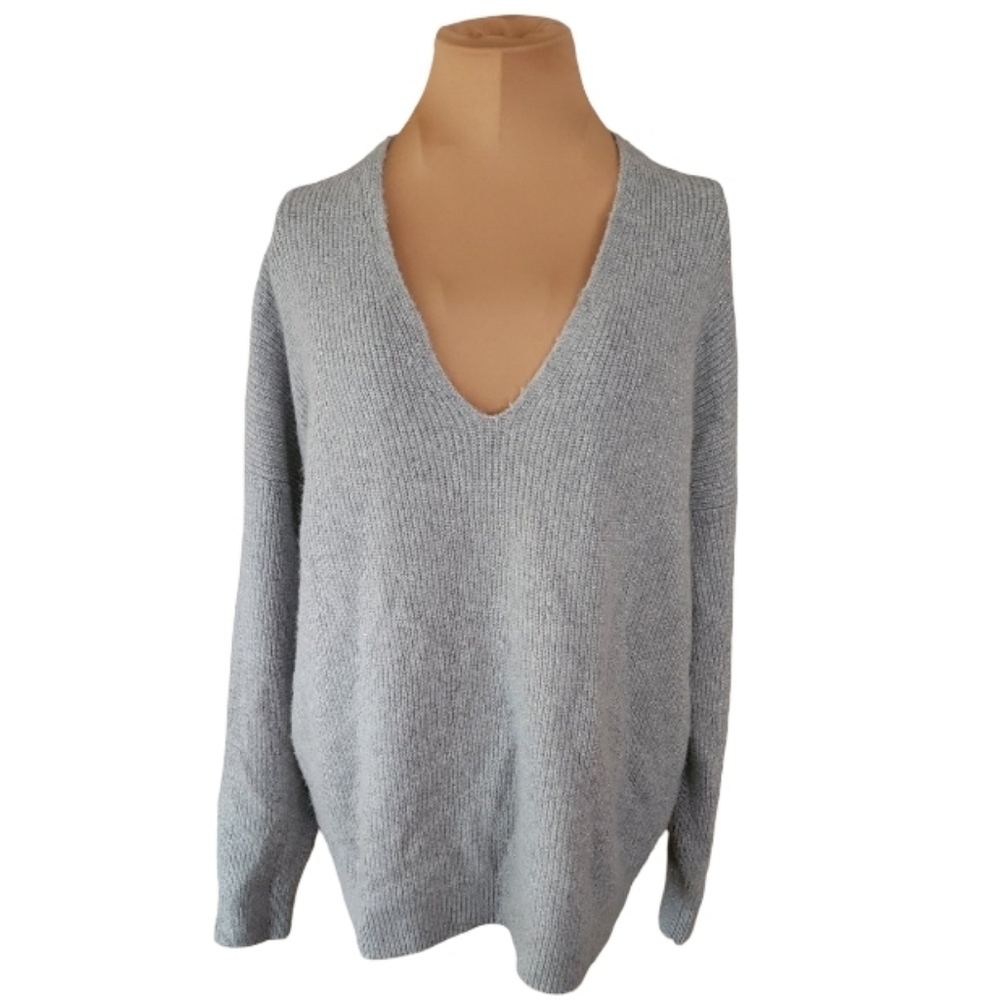 Nordstrom Sparkle Alpaca‎ Wool Blend Sweater Gray Ribbed V-Neck Women's XL